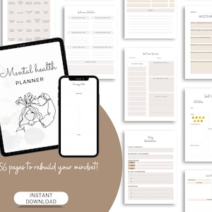 Journal de la santé mentale : auto-soins et suivi de l&#39;anxiété (PDF imprimable + PNG, édition Canva)