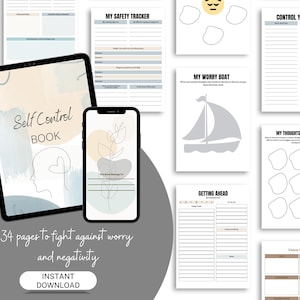 Może przedstawiać: Cyfrowa książka samokontroli wyświetlana na tablecie i smartfonie. Tablet pokazuje tytuł "Self Control BOOK" z rysunkiem twarzy. Smartfon wyświetla kwiatowy wzór. Obraz zawiera tekst "34 strony, aby walczyć z niepokojem i negatywnością."