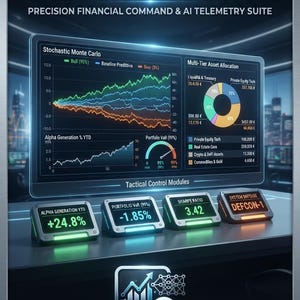 Può includere: Una dashboard digitale intitolata Quantum Bloomberg War Room Ultimate che mostra grafici finanziari, un grafico a torta per l'allocazione degli asset e quattro moduli di controllo tattico per Alpha Generation, Portfolio VaR, Sharpe Ratio e DEFCON-1.