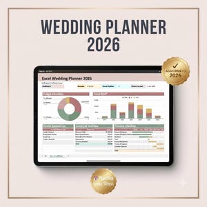 Può includere: Un tablet digitale che mostra un'interfaccia Excel Wedding Planner 2026 con una dashboard contenente grafici di budget, barre RSVP, elenco fornitori, panoramica degli ospiti e una lista di controllo temporale in tonalità tenui.