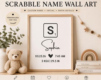 Personalized Nursery Wall Art, Baby Name Sign Custom Scrabble Name Print, Baby Birth Details (Digital File)