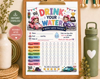 Sports Car Water Tracker Printable for Kids, Car Race Theme Hydration Chart, Daily Water Intake Tracker, Kids Wellness Printable
