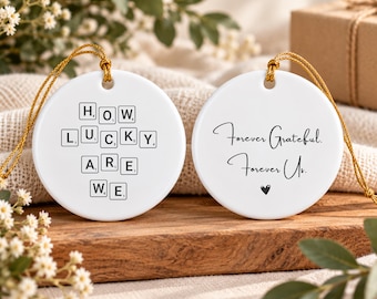 How Lucky Are We Art Ceramic Christmas Ornament Scrabble Letters, Double Sided Ceramic Christmas Ornament, Romantic Gift for Couples
