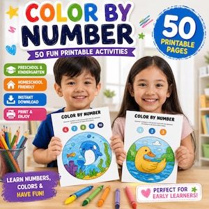 数字で色を塗るプリントブック、動物50ページ、幼児・幼稚園児向け学習教材（デジタルダウンロード）