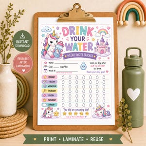 May include: A printable weekly water tracker sheet on a clipboard featuring a unicorn, a castle, and a rainbow. The text reads Drink Your Water Weekly Water Tracker, with rows for each day of the week and outlines of water drops to colour in.