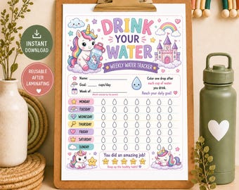 Unicorn Water Tracker Printable, Digital PDF Hydration Chart, Weekly Water Intake Tracker for Kids and Children, Instant Download