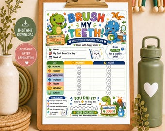 Dinosaur Toothcare Printable for Kids, Brush Your Teeth Tracker, Weekly Tooth Brushing Chart, Dental Hygiene Printable, Kids Routine Chart