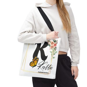 Floral Personalized Tote Bag, Alphabet Letter Name Customizable, Gift for Her, Reusable Shopping Bag, Floral Print Tote, Monogrammed Bag