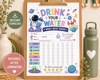 Kids Water Tracker Printable, Astronaut Weekly Activity, Space Theme Chart