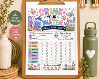 Butterfly Water Tracker Printable, Kids Hydration Chart, Weekly Water Tracker, Drink Water Chart, Daily Water Intake Printable