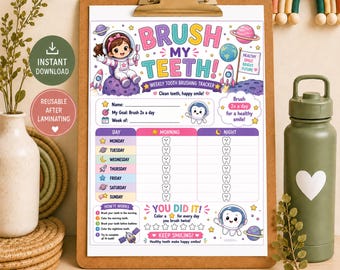 Space Tooth Brushing Tracker for Kids, Astronaut Toothbrush Chart, Weekly Brushing Chart, Space Printable, Girl Kids Activity