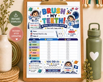 Brush My Teeth Tracker Printable for Kids, Space Tooth Brushing Chart, Weekly Dental Hygiene Routine, Morning Night Reward Chart
