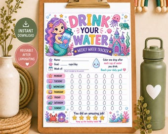 Mermaid Water Tracker Printable, Kids Hydration Chart, Purple Weekly Water Intake Tracker, Printable Kids Wellness Chart, Digital Download