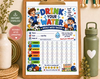 Sports Water Tracker for Kids, Weekly Hydration Chart Printable, Kids Water Intake Tracker, Sports Theme Printable, Digital Download