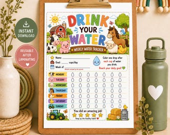 Farm Animals Water Tracker Printable for Kids, Farm Theme Hydration Chart, Weekly Water Intake Tracker, Kids Wellness Printable