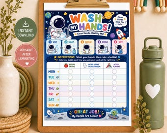 Daily Handwashing Tracker for Kids, Space Wash My Hands Printable, Hand Washing Chart, Before Eating After Bathroom After Playing Printable