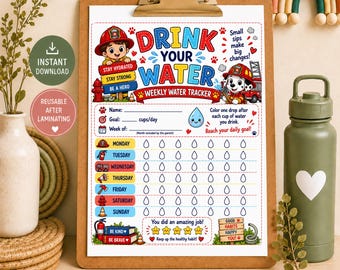 Firefighter Water Tracker Printable for Kids, Weekly Hydration Chart, Firefighter Theme Reward Tracker, Kids Drinking Water Chart