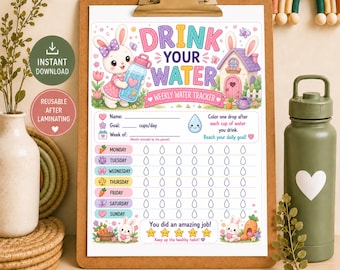 Bunny Water Tracker Printable, Kids Hydration Chart, Drink Water Tracker, Weekly Water Intake Chart, Daily Hydration Printable