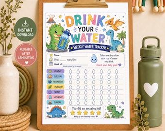 Dinosaur Water Tracker Printable, Kids Weekly Hydration Chart, Drink Your Water Tracker, Dinosaur Activity, Printable Kids Routine Chart