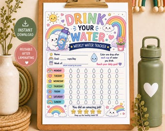 Kawaii Rainbow Water Tracker Printable, Kids Hydration Chart, Drink Water Tracker, Weekly Water Intake Chart, Daily Hydration Printable