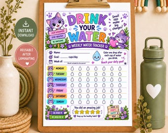 Purple Cat Water Tracker Printable for Kids, Cat Theme Hydration Chart, Weekly Water Intake Tracker, Kids Wellness Cute Cat Tracker