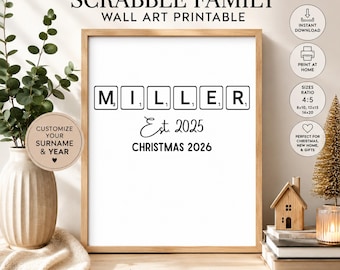 Personalized Scrabble Family Name Christmas Wall Art, Custom Surname Print, Family Name Sign, Christmas Home Decor, Digital File