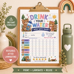 May include: A weekly water tracker chart on a clipboard featuring cartoon bears, water drops, and the text Drink Your Water. The chart includes sections for name, goal, and days of the week with outlines of water drops to color in for tracking.