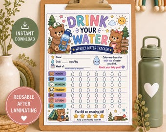 Weekly Water Tracker Printable for Kids, Drink Water Chart PDF, Hydration Tracker, Water Intake Chart, Classroom & Homeschool