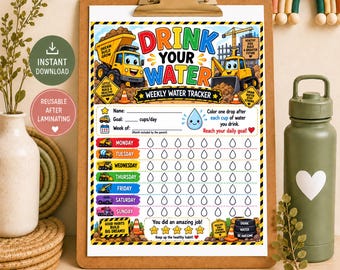 Construction Water Tracker Printable for Kids, Construction Truck Hydration Chart, Daily Water Intake Tracker, Kids Wellness Printable