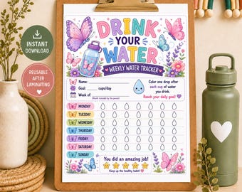 Butterfly Water Tracker Printable for Kids, Butterfly Theme Hydration Chart, Kids Water Intake Tracker, Daily Water Tracker