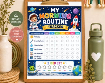 Kids Get Ready Chart Printable, Space Morning Routine Tracker, Weekly Routine Chart, Healthy Habits Checklist, Kids Habit Tracker