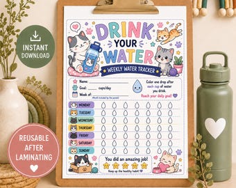 Kids Water Tracker Printable, Weekly Hydration Chart for Kids, Cat Water Intake Tracker, Printable Water Log, Reusable Hydration Chart