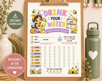 Kids Water Tracker Printable, Bee Water Intake Chart, Weekly Hydration Tracker for Children, Printable Kids Wellness Chart, Digital Download