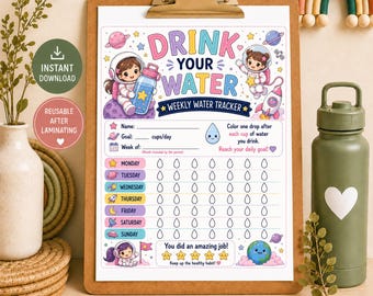 Astronaut Girl Water Tracker Printable for Kids, Space Theme Hydration Chart, Daily Water Intake Tracker, Kids Wellness Printable