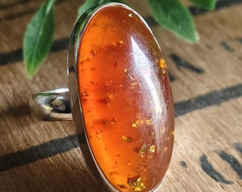Handmade Sterling Silver Ring: Fiery Orange Amber Stone, Boho Chic