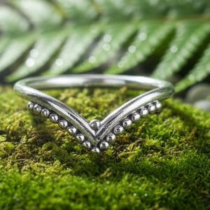 Könnte beinhalten: Ein silberfarbener Ring mit V-förmigem Design, verziert mit kleinen, runden Verzierungen. Der Ring liegt auf einem Bett aus leuchtend grünem Moos, mit grünem Laub und kleinen Steinen im Hintergrund.