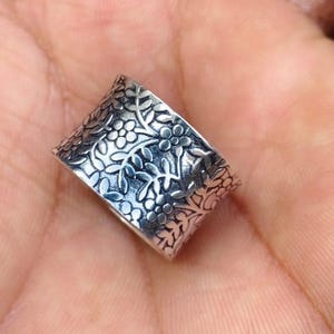 Handcrafted Sterling Silver Wide Band Ring: Engraved Floral Leaf Design