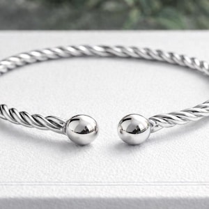 Bracelet-jonc réglable en argent sterling 925 avec corde torsadée | Manchette ouverte minimale | Cadeau unisexe fait main en argent