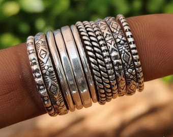 Sterling Silver Stackable Ring Set: 12 Mixed Texture Band