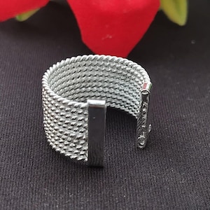 Adjustable Silver Mesh Ring, Wide Band Woven Ring, Stainless Steel Statement Ring, Unisex Fashion Jewelry, Gift for Him & Her