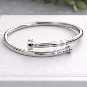Minimalist Adjustable Silver Nail Bangle Handmade Open Cuff Bracelet Unisex Modern Jewelry