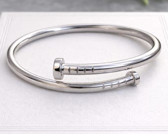 Minimalist Adjustable Silver Nail Bangle Handmade Open Cuff Bracelet Unisex Modern Jewelry