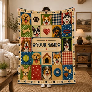 Personalized Dog Flannel Blanket,Custom Pet Name Throw,Dog Breed Patchwork Design,Paw Print Puppy Lover Gift,Pet Mom Dad Home Decor Keepsake