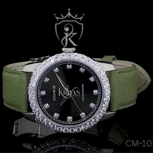 Kriyan Jewels D&#39;chime Unisex Moissanite Diamond Dial Luxury Watch| Black Dial & Green Strap