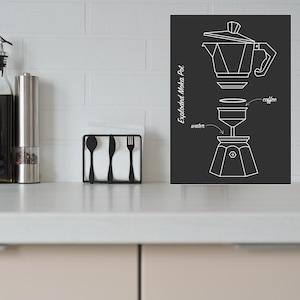May include: A kitchen scene with a white brick wall and a white countertop. On the counter are a paper towel holder, oil and vinegar bottles, a pepper grinder, a black utensil holder with a spoon, knife, and fork, and a black and white diagram of an exploded Moka pot.