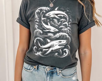 Shark Linocut T-Shirt, Vintage Hand-Drawn Graphic