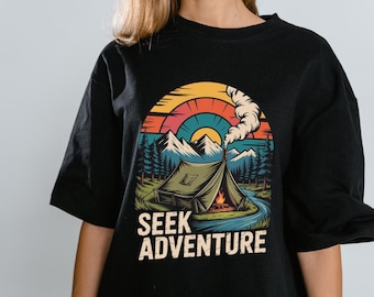 Camiseta retrô para acampamento, estampa vintage de aventura na montanha