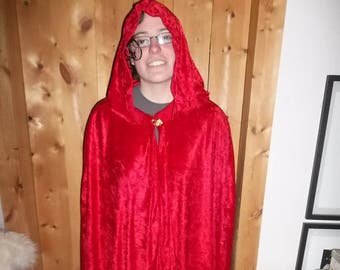 Red panne velvet cloak with a pointed hood