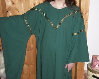 Angel wing dress in hunter green with green and gold trim