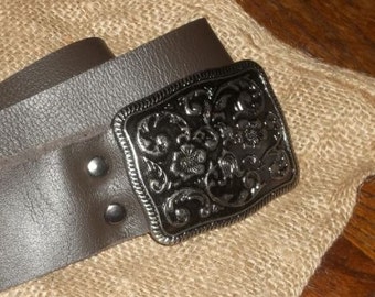 brown belt with floral buckle